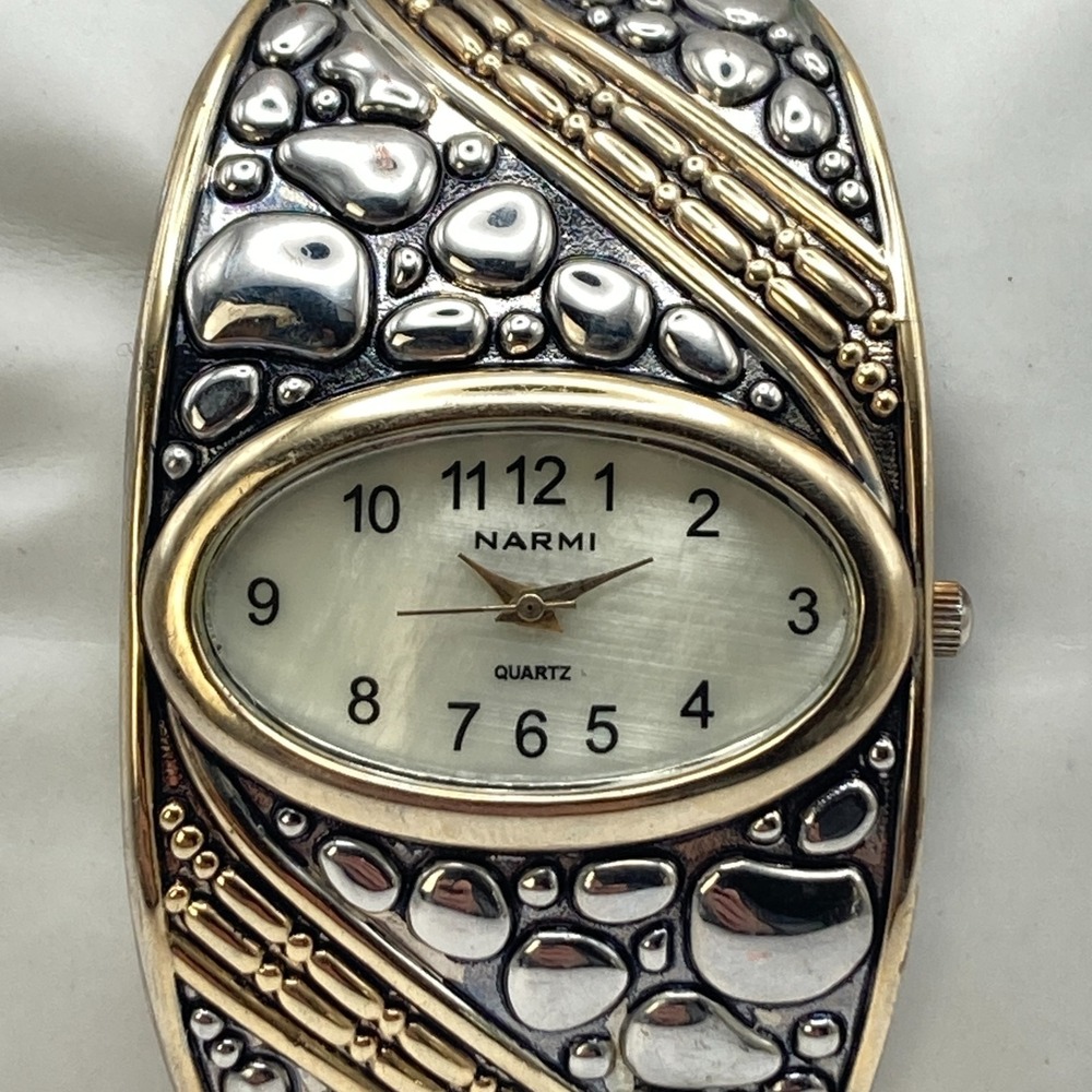 Narmi Women Watch Gold Silver Tone Textured Wide Cuff 37mm MOP New Battery 6.75"